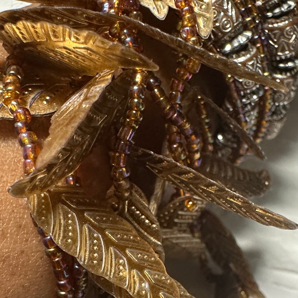 Vintage Leaf Charm Beaded Bracelet Stack in Metallic Bronze - Picture 3 of 16